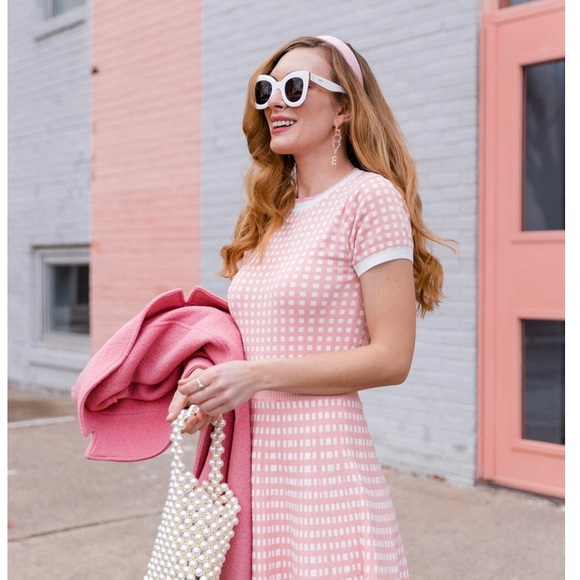 Unique Vintage Mod Pink Gingham Knitted Dress - Picture 9 of 9